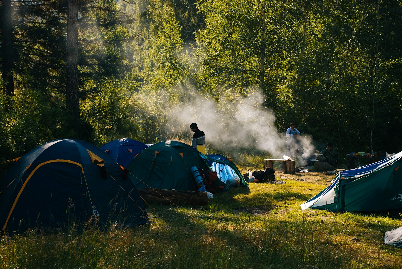 Campamento boy scout con tiendas de campaña en un claro del bosque