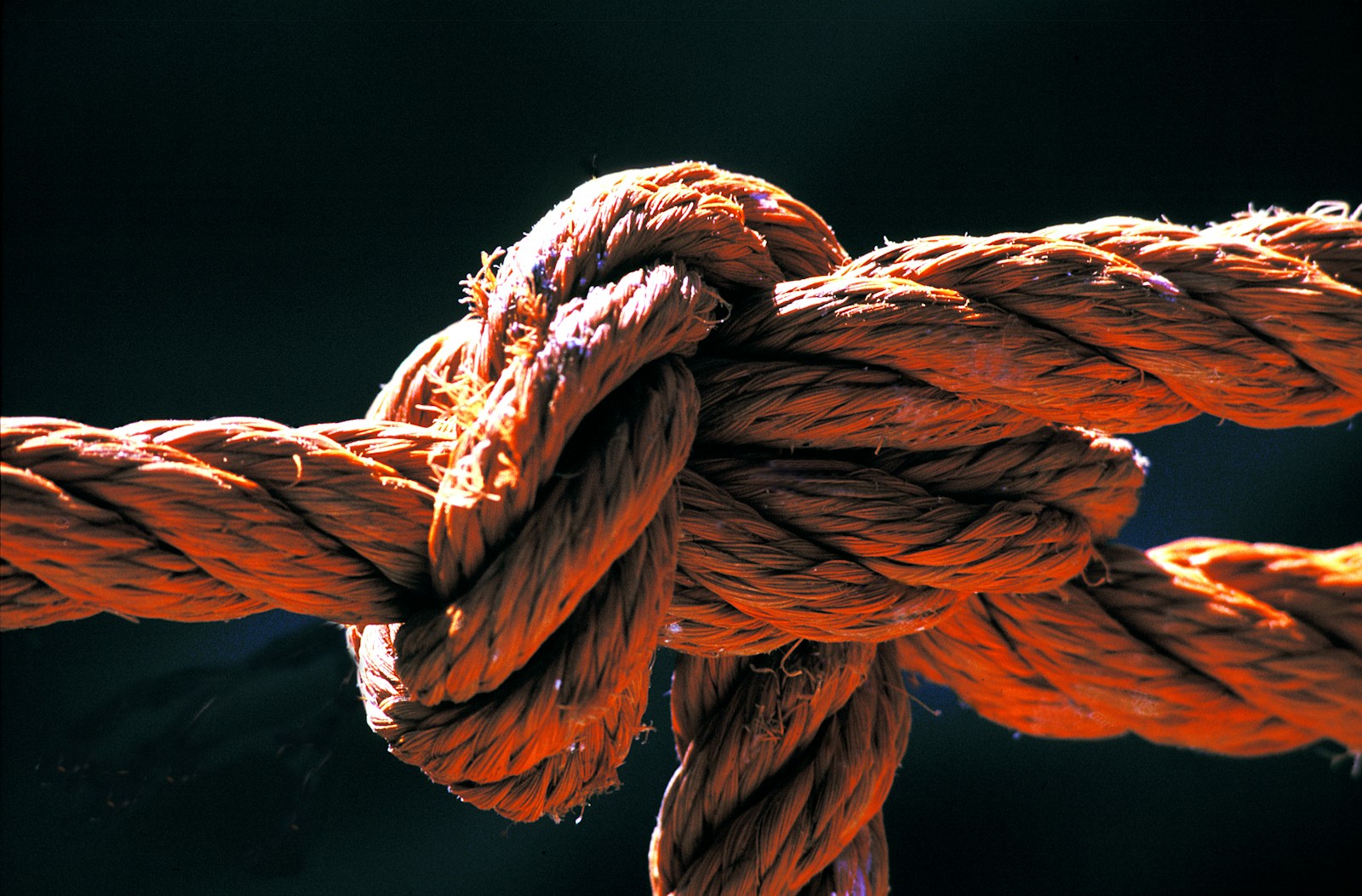 Tipos de nudos: nudo apretado en una cuerda de fibra naranja
