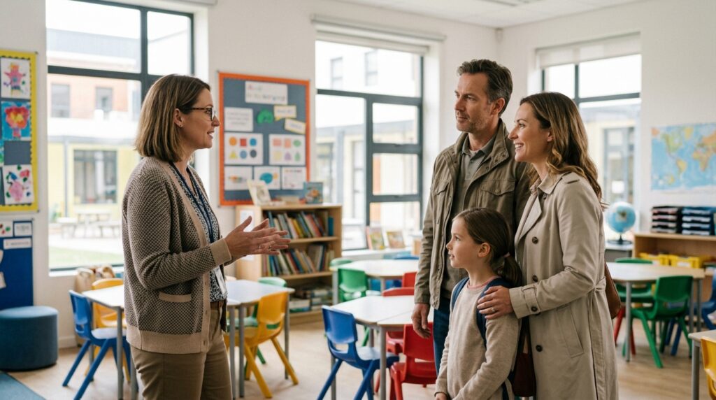 Familia visitando un colegio internacional